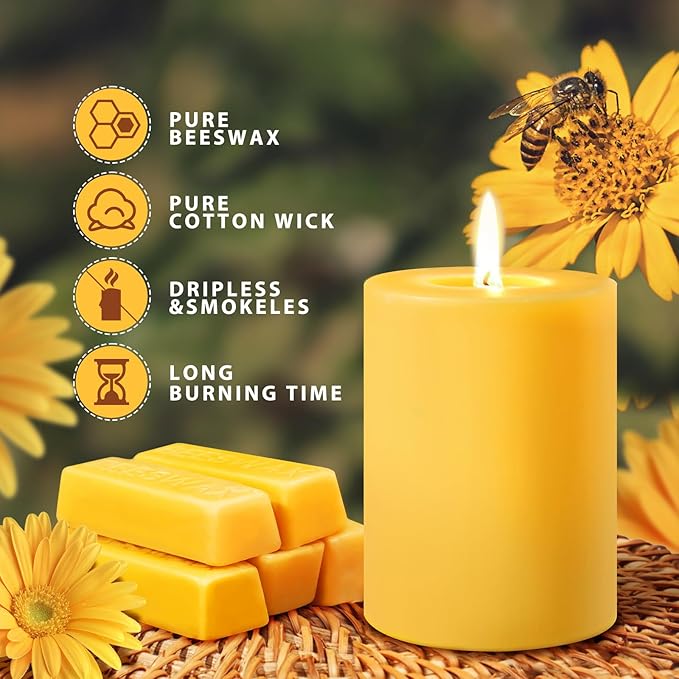 Natural Beeswax Pillar Candle, 106 Hours Long Burning Emergency Candle 2.8x4in Unscented Organic Pillar Candles 100% Pure Bees Wax Candles for Home Paryer, 2 Packs