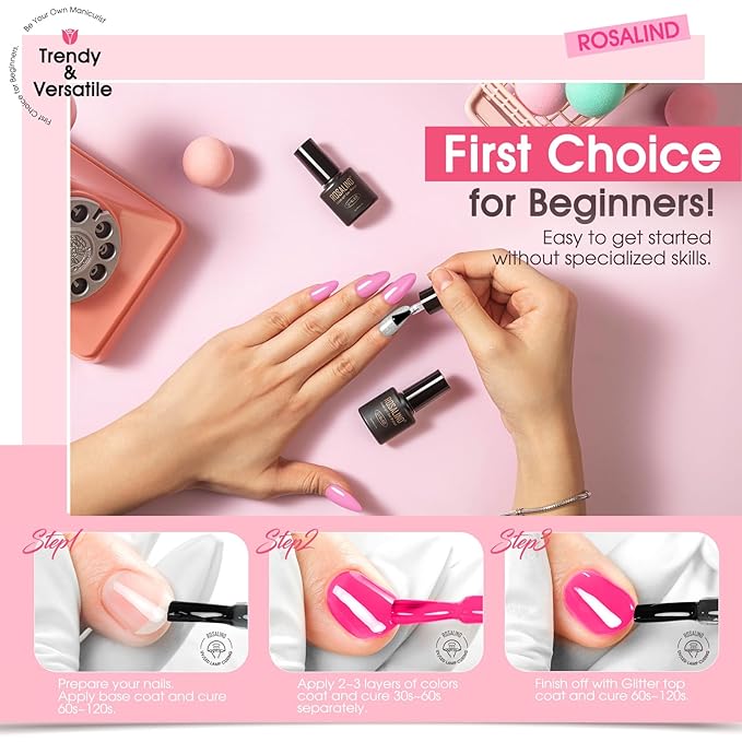 ROSALIND Pink Gel Nail Polish Set, 12 Colors Hot Pink Glitter Pink Gel Polish Gel Polish Set Soak Off Spring Gel Nail Polish Collection