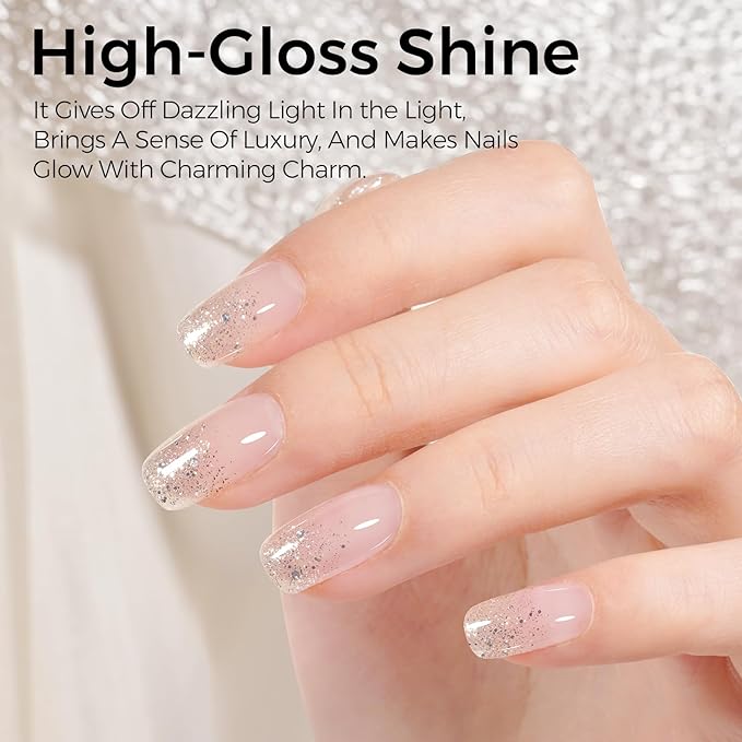 TOMICCA Clear Glitter Gel Nail Polish, Sparkle Sheer Silver Nail Gel Polish, Soak Off UV Transparent Shimmer Clear Nail Polish Natural Color Nail Art DIY Manicure Salon