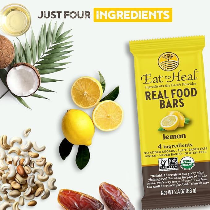 EatToHeal Lemon Real Food Bar - Organic Vegan Healthy Gluten Free Protein Bars - Low Sugar Meal Replacement Bar, Non GMO, Never Baked, Plant Based - Crafted to Enjoy, Not Sit on Shelves