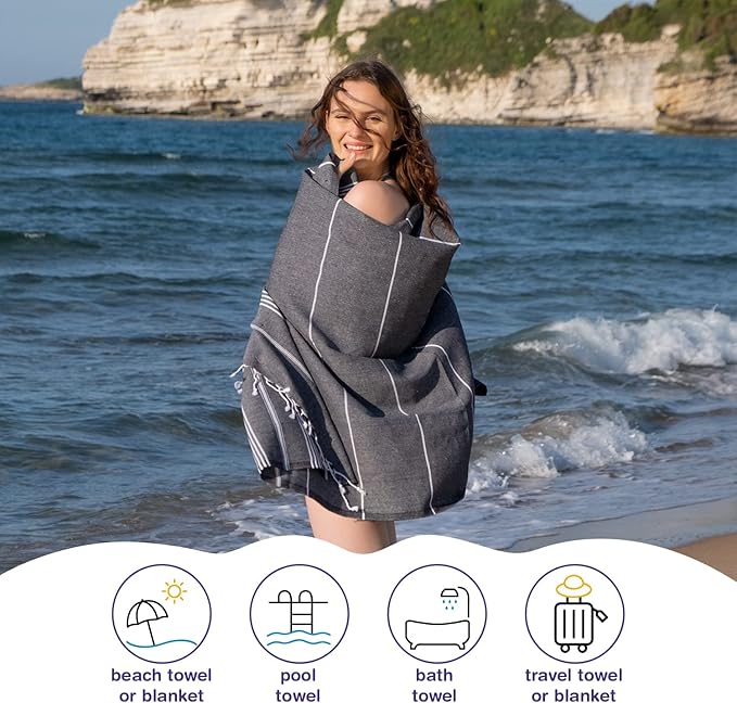Turkish Beach Towels, Pack of 4 | Oversized, Quick Dry, Sand Free | 100% Cotton, Large 38x71 Towels for Beach, Pool, Travel | Ultra-Soft, Compact, and Absorbent | Black