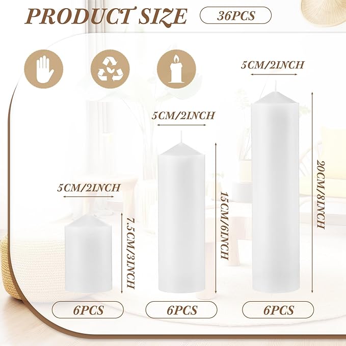 MTLEE 18 Pcs Set of 3 Pillar Candles Bulk 2 in x 3, 6, 8 Long Burning Clean Unscented Smokeless Pillar Candles for Wedding Emergency Lanterns Ceremony Party(Plain White)