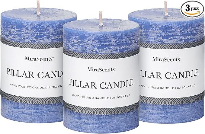 3x4 Inch Blue Pillar Candles Set of 3 - Hand-Poured Unscented Candles, Long Clean Burning, Large Big Candle, Smokeless Dripless Candle for Dinner Table, Wedding, Home, Bathroom, Rustic Decor