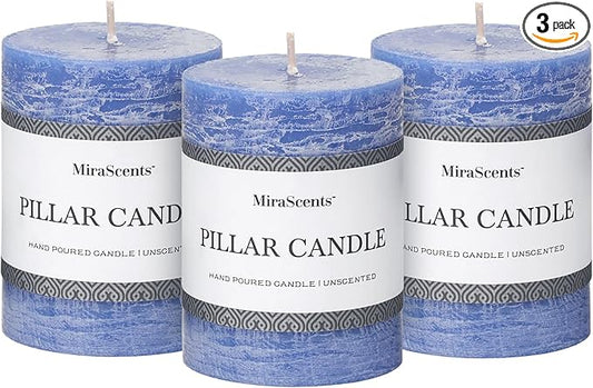 3x4 Inch Blue Pillar Candles Set of 3 - Hand-Poured Unscented Candles, Long Clean Burning, Large Big Candle, Smokeless Dripless Candle for Dinner Table, Wedding, Home, Bathroom, Rustic Decor