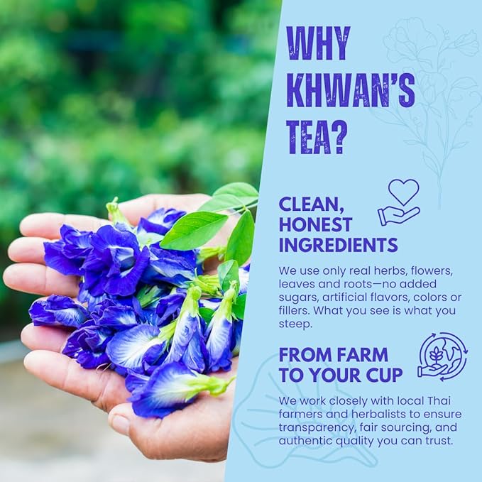 KHWAN’S TEA Butterfly Pea Flower - Premium Dried Blue Butterfly Pea Tea, Herbal Caffeine‑Free, Natural Food Coloring