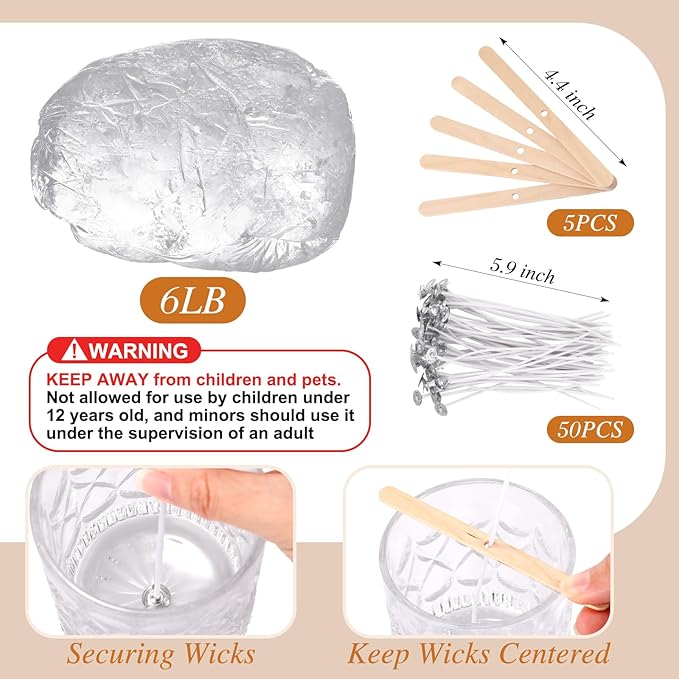 MTLEE 6 lb Gel Wax for Candle Making, Clear Jelly Candle Wax with Wooden Candle Wick Centering Device for DIY Candle Making Supplies