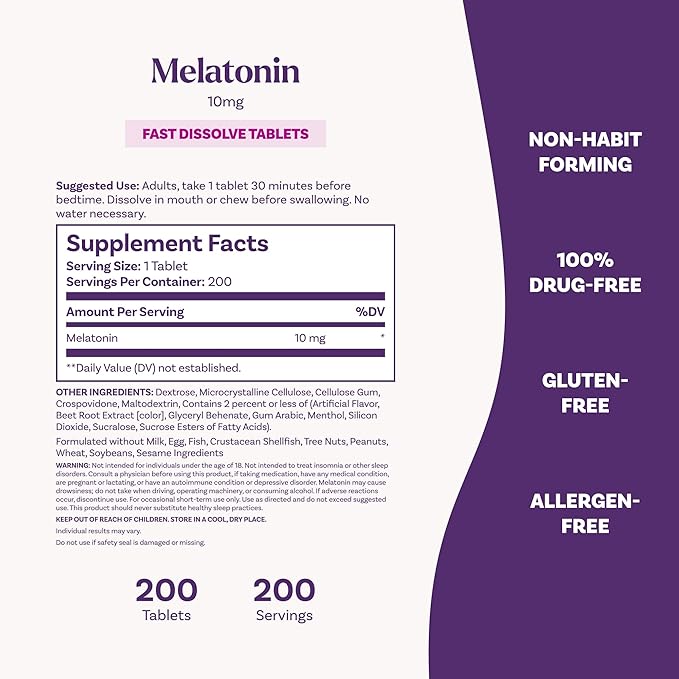 Natrol Fast Dissolve Melatonin 10 mg, Melatonin Supplements for Restful Sleep, Sleep Support for Adults, 200 Strawberry-Flavored Tablets, Up to a 200 Day Supply