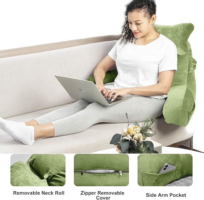 SLIGUY Reading Pillow for Sitting in Bed Couch Adult, Back Pillow with arm Support and Pockets, Adult Back Pillow Bed Chair for Rest, Reading, Watching TV, Gaming for Boys and Girls Green