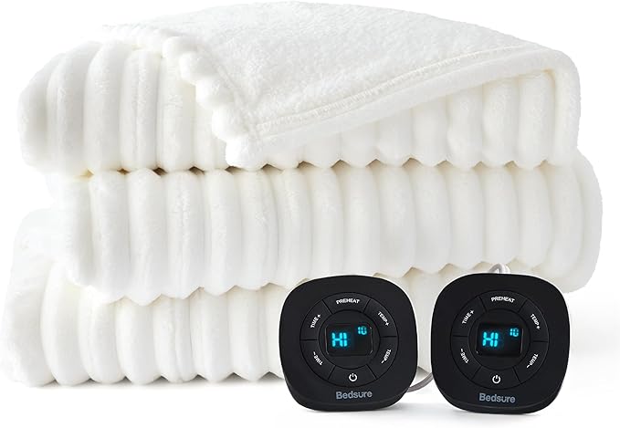 Bedsure Electric Blanket King Size - Thick Striped Flannel Electric Blanket with Dual Control, Heating with 10 Heat Settings & 10 Time Settings, 8 hrs Timer Auto Shut Off (90x100 inches, White)
