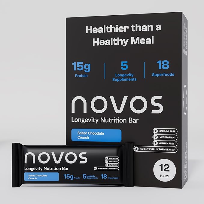Novos Longevity Meal Bar - Salted Chocolate Crunch - 15g Protein Bar, 5 Longevity supplements, 20 Superfoods, Seed Oil Free, Targets Causes of Aging, Skin, Mind and Mood Support, Vegetarian, 12-Pack