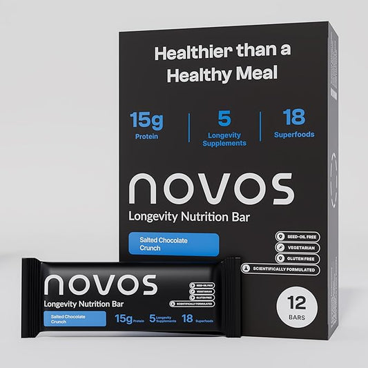 Novos Longevity Meal Bar - Salted Chocolate Crunch - 15g Protein Bar, 5 Longevity supplements, 20 Superfoods, Seed Oil Free, Targets Causes of Aging, Skin, Mind and Mood Support, Vegetarian, 12-Pack