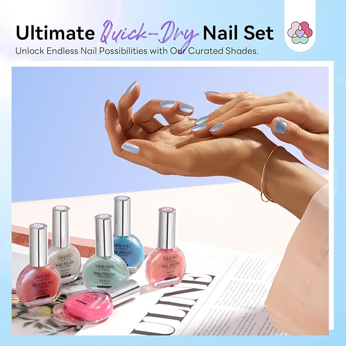 SAVILAND Pearlescent Nail Polish Set: Quick Dry Mermaid Nail Polish 6-Color Pearl Pink Blue White Nail Lacquer Polish Kit 12-Free with Castor Oil Aurora Nail Art DIY Manicure Women Christmas Gift