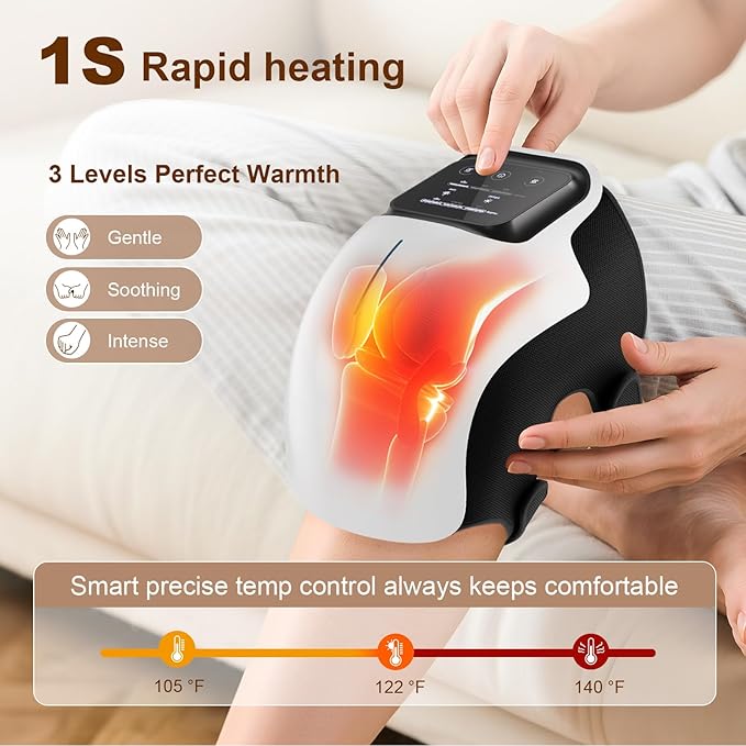 Knee Massager with Heat, Smart Knee Massager with 3 Vibration Modes and 3 Heating Levels, 3-in-1 Cordless Design, Touch LED Screen, Adjustable Straps, Gift for Men and Wome