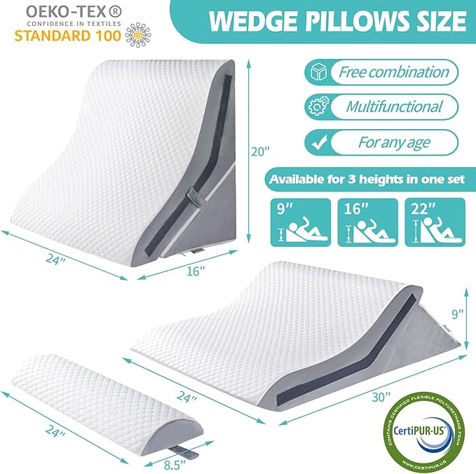 Wedge Pillow for Sleeping, Orthopedic Bed Wedge Pillow Set, 15-in-1 3PCS Adjustable Memory Foam Wedge Pillow Post Surgery, 9 &16 & 20 inches Height 3-in-1 Incline Wedges Pillows