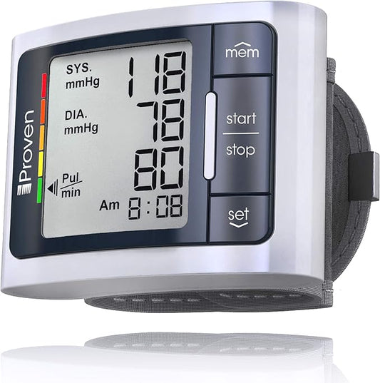 iProven Wrist Blood Pressure Monitor for Home Use – Heart Rate Display, Large Wrist Cuff, LCD Screen, Color-Coded Indicator