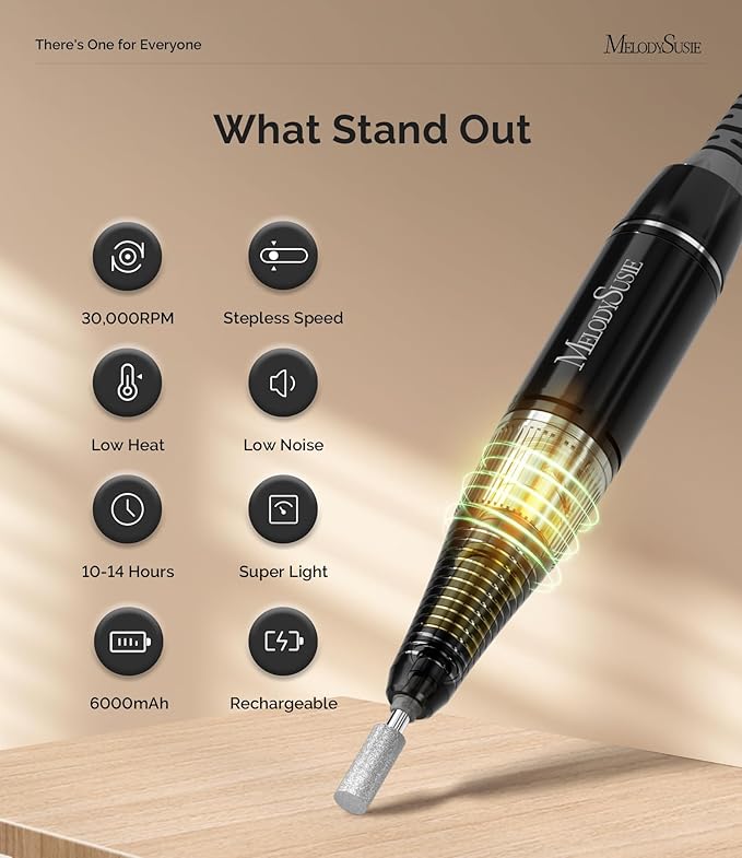 MelodySusie Professional Rechargeable 30000 RPM Nail Drill,SC320H Portable Electric E File Scamander, Acrylic Gel Grinder Tools with 6 Bits and Sanding Bands for Manicure Pedicure Carve Polish(Black)