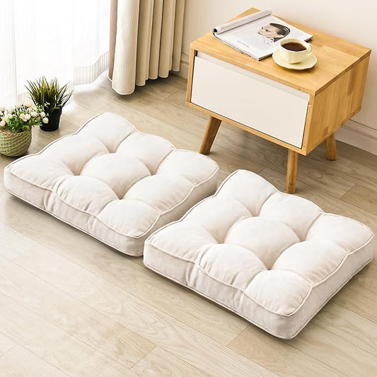 Floor Pillow Set of 2, Memory Foam Floor Cushions for Adults, Large Square Meditation Pillow for Sitting, 22 x 22 Inches (Square | Beige)