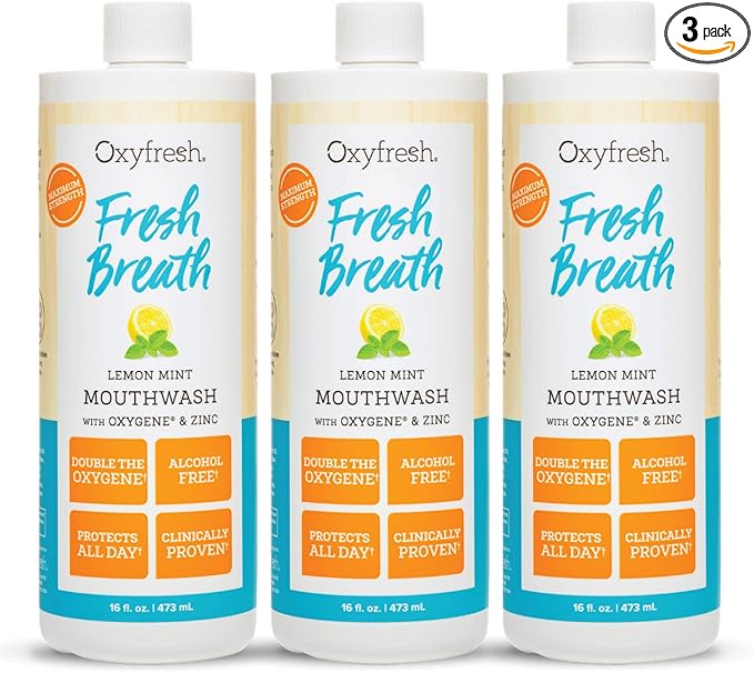 Oxyfresh Premium Lemon Mint Fresh Breath Mouthwash – Oral Rinse for Bad Breath – SLS & Fluoride Free Mouthrinse – Alcohol Free, Gentle Non Burning Mouthwash with Xylitol & Essential Oils, 3 Pack 16 oz