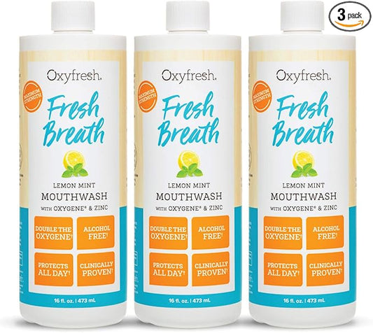 Oxyfresh Premium Lemon Mint Fresh Breath Mouthwash – Oral Rinse for Bad Breath – SLS & Fluoride Free Mouthrinse – Alcohol Free, Gentle Non Burning Mouthwash with Xylitol & Essential Oils, 3 Pack 16 oz