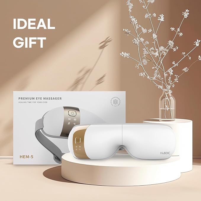 HubiCare Eye Massager with Heat, Vibration, and Music Helps Relieve Strain, Dark Circles, Dryness, and for Migraine Relief Relaxation and Better Sleep Gifts for Women/Men (White)