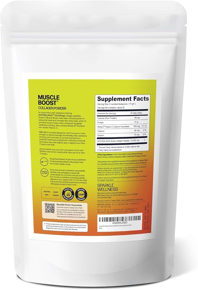 Sparkle Wellness Muscle Boost (Mixed Berry) [30-Serves] | Collagen Supplement Powder with Hydrolyzed BODYBALANCE Collagen Peptides & Buffered Vitamin C | Improves Body Composition