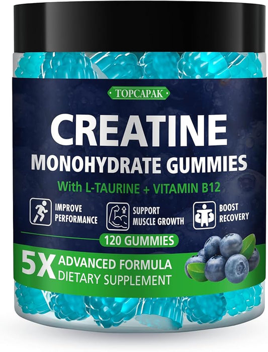 Creatine Monohydrate Gummies for Men & Women - Blueberry Flavor, Raspberry-Shaped - Chewable Creatine Gummy with Taurine & Vitamin B12, 5g Creatine per Serving, 120 Gummies