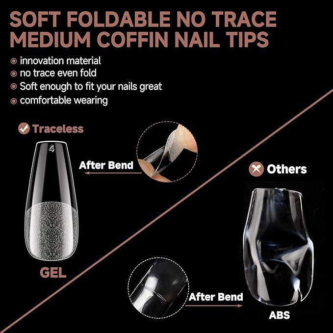 UNA GELLA Coffin Nails Tips Medium: Gel Nail Tips Coffin Shape 330pcs Pre-Etched Full Cover Press On Clear Acrylic Fake Nails Extension DIY Salon 15 Sizes