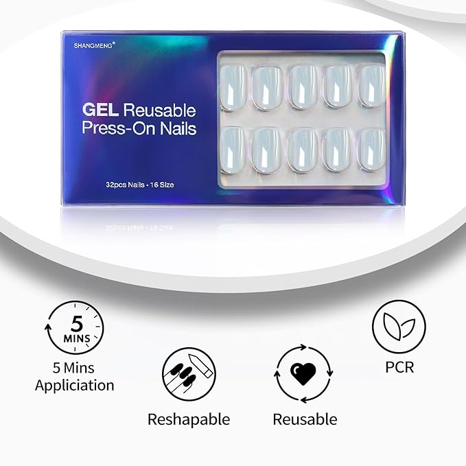 Chrome Press on Nails Square - Soft Gel Blue Press on Nails Short for Women Gift, Glossy & Natural Stick on Nails with Glue in 16 Sizes - 32 Reusable Fake Nails, Aurora Light Blue