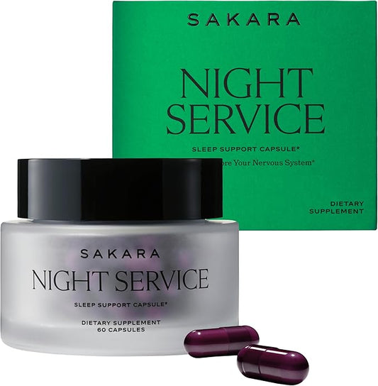 SAKARA Night Service Sleep Support – Natural Assistance for Better Sleep with Magnesium Glycinate, NordicCherry™ & 5-HTP for Calming, Deep Sleep – Supports A Full Sleep Cycle – 60 Capsules