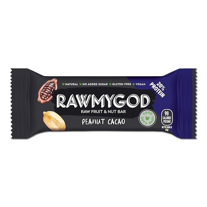 RAWMYGOD Fruit and Nut Bars, Good Source of Protein (5g, 20% protein content), Gluten Free, Vegan, No Added Sugar (20 bars, Peanut & Cacao)