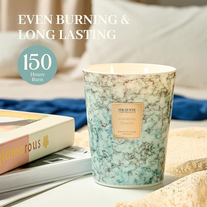 M&SENSE BambooStream Scented Candles for Home, 3-Wick Highly Scented Jar Candles, Extra Large Candle 35 Oz 150 Hours Long Lasting Burning, Relaxing Aromatherapy Candle for Stress Relief, Meditation