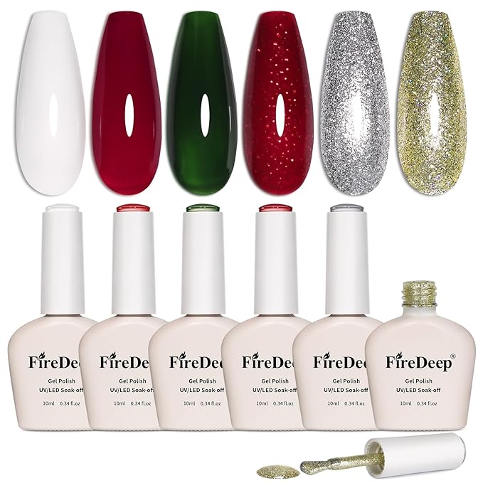 10ml Hema Free Gel Nail Polish Set, 6 Colors Gel Polish Kit Christmas Red White Dark Green Color Glitter Sparkle Winter Manicure Gift for Women at Home DIY and Salon