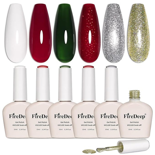 10ml Hema Free Gel Nail Polish Set, 6 Colors Gel Polish Kit Christmas Red White Dark Green Color Glitter Sparkle Winter Manicure Gift for Women at Home DIY and Salon