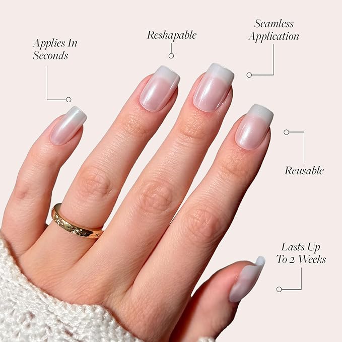 Glamnetic Press On Nails - Bailey | Medium Square Fake Nails, Sheer White Glazed, Salon Quality | 15 Sizes - 30 Nail Kit Wtih Glue