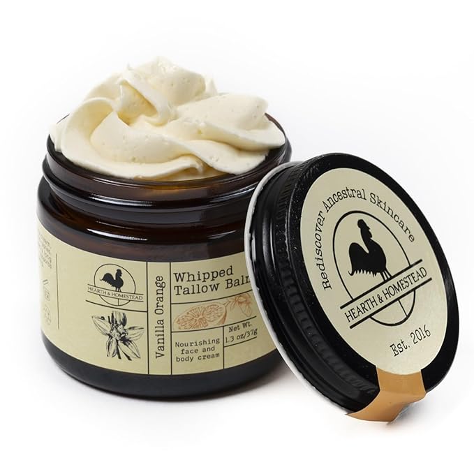 Hearth and Homestead: Handmade Whipped Tallow Balm (Vanilla Orange) - Organic Body Butter with Infused Olive Oil, for Eczema, Rosacea, Baby - 1.3 oz