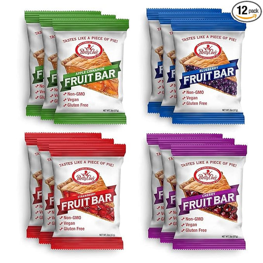 Betty Lou's Fruit Bars Variety Pack, Gluten Free Snacks for Adults and Kids, 4 Flavors of Vegan Breakfast & Cereal Bars, Apple Cinnamon, Blueberry, Strawberry, and Cherry, 12 Pack