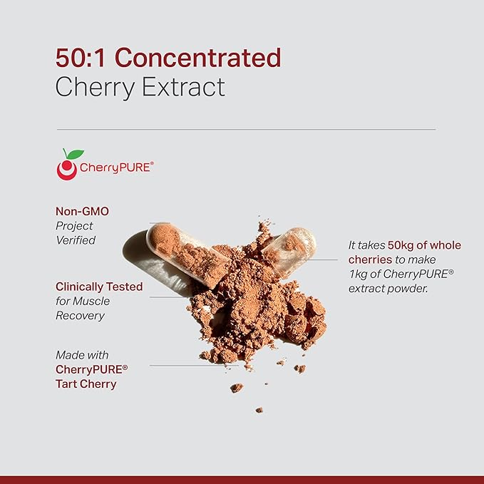 Montmorency Tart Cherry, Non GMO, Capsules - CherryPure 50:1 Concentrate eq. 25,000 mg - Antioxidants & Flavonoids, Tart Cherry Extract for Gout & Muscles - 120 Veggie Capsules - 4 Month Supply