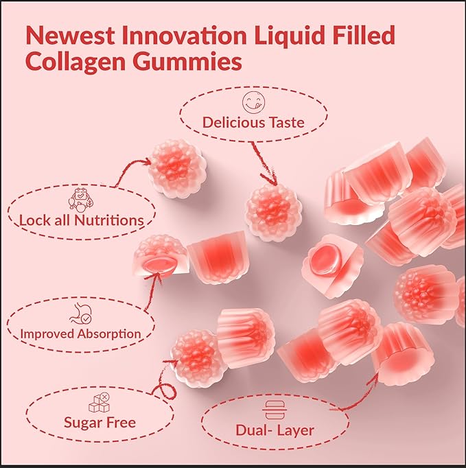 2500mg Centre-Filled Collagen Peptides Gummies for Women & Men with Biotin, Vitamin D3, Hyaluronic Acid | Supports Skin Hair Nails & Joints, Sugar-Less Colageno Hidrolizado for Women, 60 Servings