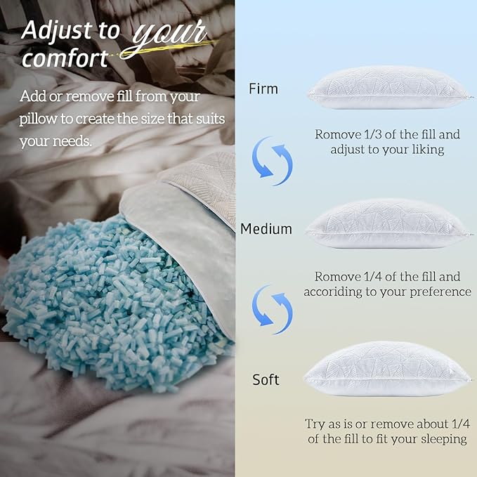 BETU Cooling King Size Pillow, Shredded Memory Foam Cool Pillow for Hot Sleepers, Adjustable Firm Soft Support Bed Pillows Perfect for Back Neck Pain and Side Sleeping with Pillows Case Cover, White