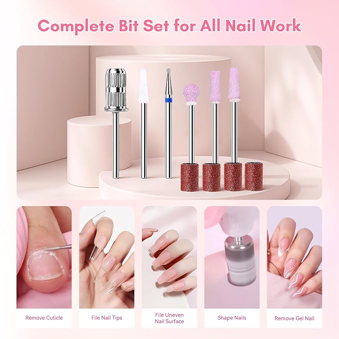 Makartt Nail Drill Professional: 60W 35000RPM Electric Nail File with Coreless Motor, 2 in 1 Desktop & Portable, Drill Bits and LCD Display for Acrylic Gel Nails, Nouvella Pink