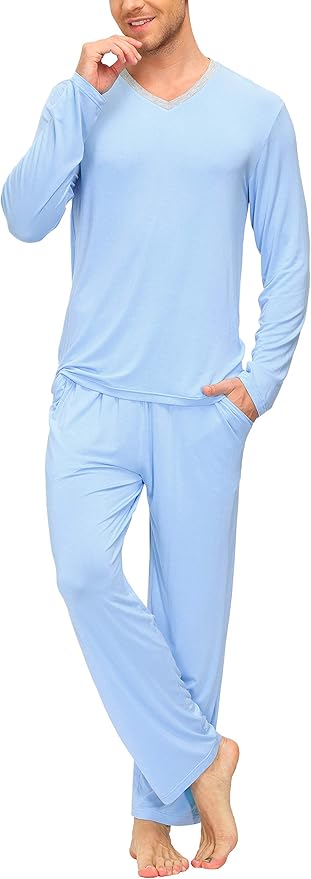 JINSHI Men's Pajama Sets Sleepwear Nightwear Lightweight Quick Dry Soft 2 Piece Long Sleeve Mens Loungewear Sets with Pocket