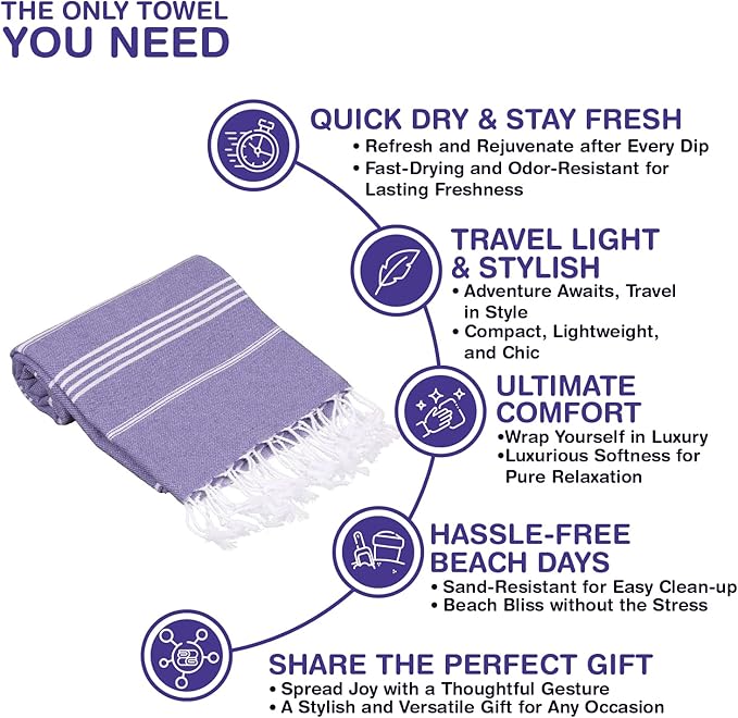 Turkish Beach Towels, Pack of 4 | Oversized, Quick Dry, Sand Free | 100% Cotton, Large 38x71 Towels for Beach, Pool, Travel | Ultra-Soft, Compact, and Absorbent | Purple