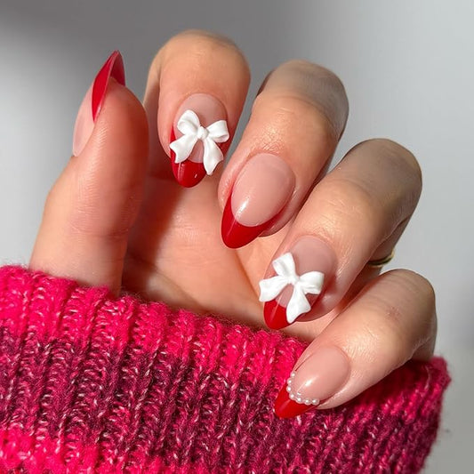 Glamnetic Press On Nails - Ruby Ribbons | Short Almond Fake Nails with Red French Tips & 3D Bows in a Glossy Finish, Salon Quality Holiday Nails | 15 Sizes - 30 Nail Kit with Glue