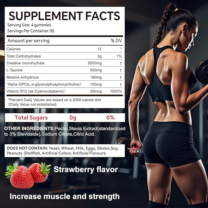 Creatine Monohydrate Gummies for Men & Women, 140 Gummies, Strength and Endurance Enhancing Creatine Chews, Gluten Free, Sugar Free, Strawberry Flavor