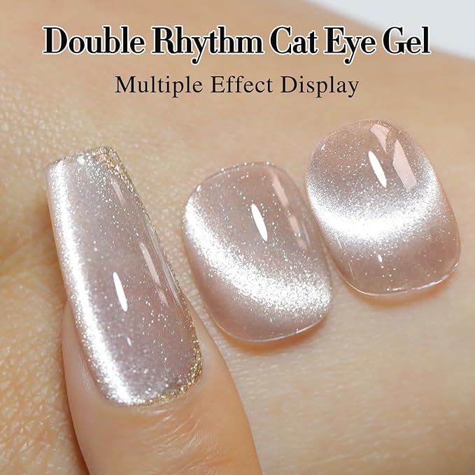 Double Rhythm Cat Eye Gel Polish with Magnet 15ML Holographic Glitter Shimmer Translucent Jelly Color 0.5 OZ Magnetic Gel Polish Salon DIY at Home (Nude-MC1020)