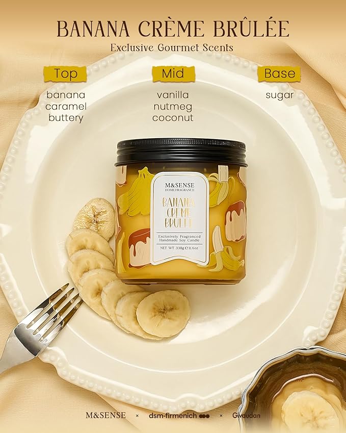 M&SENSE Banana Cream Pudding Scented Candle, 11.6oz Natural Soy Wax, 70 Hours Long Lasting Clean Burn, Holiday Jar Candle for Home Decor, Non-Toxic Relaxing Aromatherapy Gifts for Women