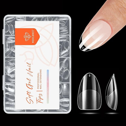 modelones Extra Short Almond Nail Tips, Pre-shaped Tips x Gel Soft Fake Nails False Acrylic Clear Full Cover Press on Extension Kit x Gel Manicure DIY at Home 216PCS 12Sizes