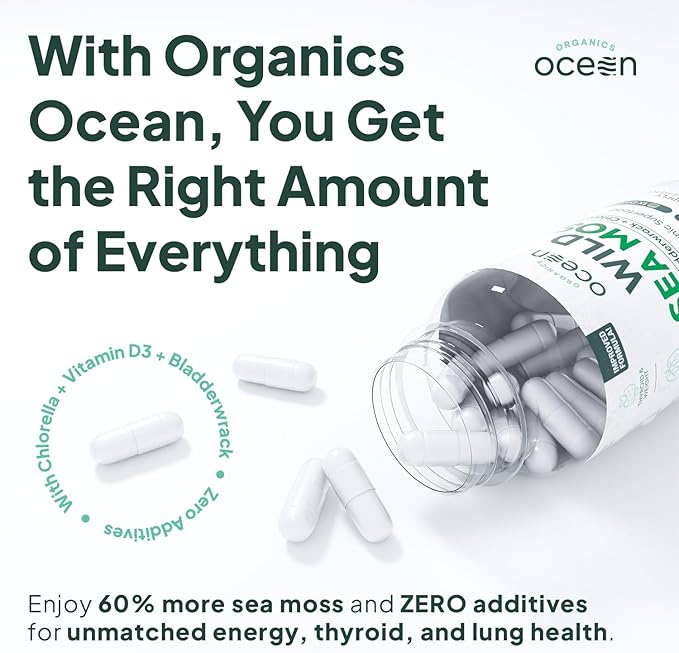 Organics Ocean Wild Sea Moss Capsules - 100% Organic Irish Sea Moss with Organic Chlorella, Bladderwrack and Vitamin D for Energy, Lung Health and Thyroid Support for Women and Men - 60 Capsules