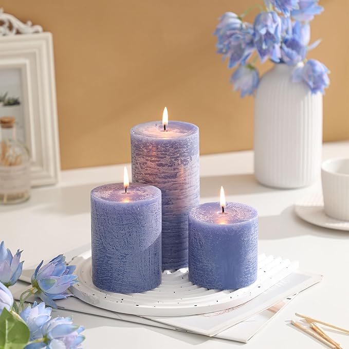3x3 Inch Blue Pillar Candles Set of 3 - Hand-Poured Unscented Candle, Long Clean Burning, Large Big Candles, Smokeless Dripless Candle for Dinner Table, Wedding, Home, Bathroom, Rustic Decor