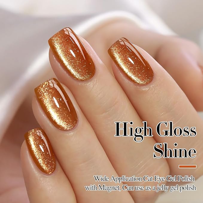 Double Rhythm 0.5 OZ Cat Eye Gel Polish with Magnet 15ML Holographic Glitter Shimmer Translucent Jelly Color Magnetic Gel Polish Salon DIY at Home (Brown-MC1030)